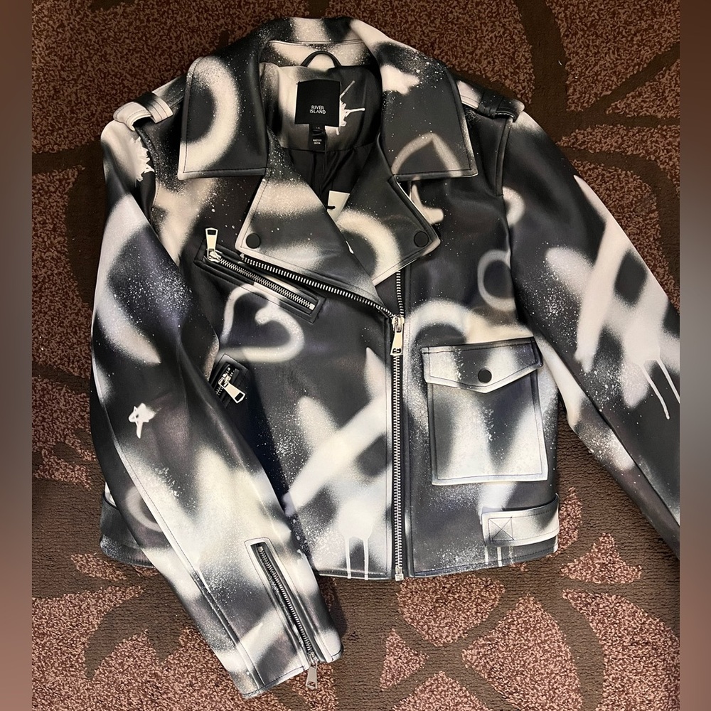 BNWT RIVER ISLAND faux leather graffiti print moto jacket - size UK16/US12